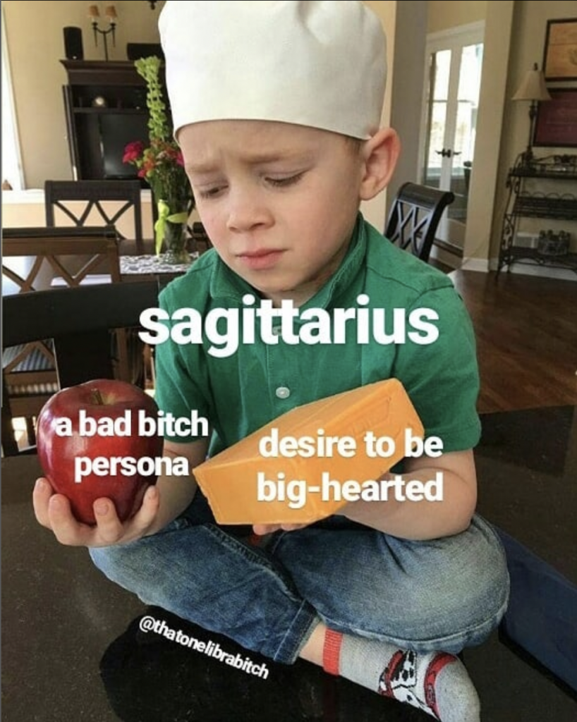 Sagittarius meme: want to be bad bitch but also want to be big-hearted