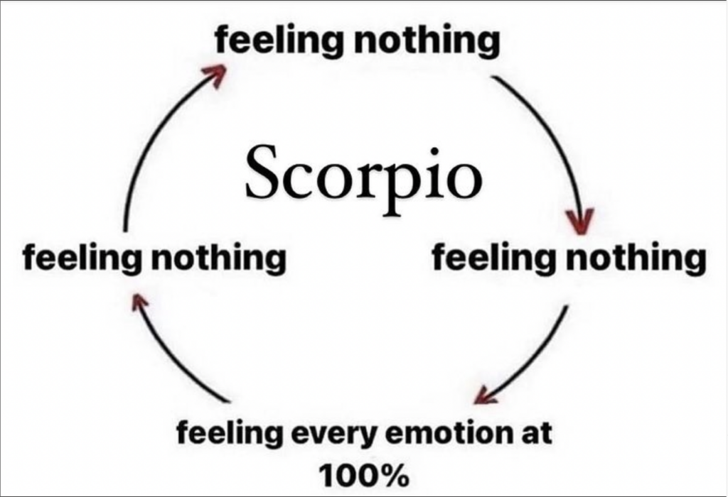 Scorpio meme: feeling nothing or feeling everything cycle