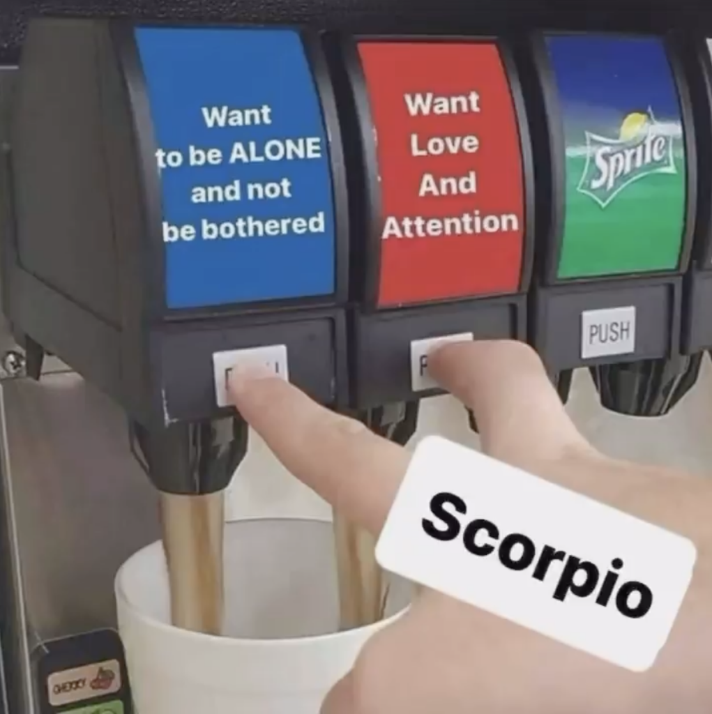 Scorpio meme: i want love and to be left alone at the same time