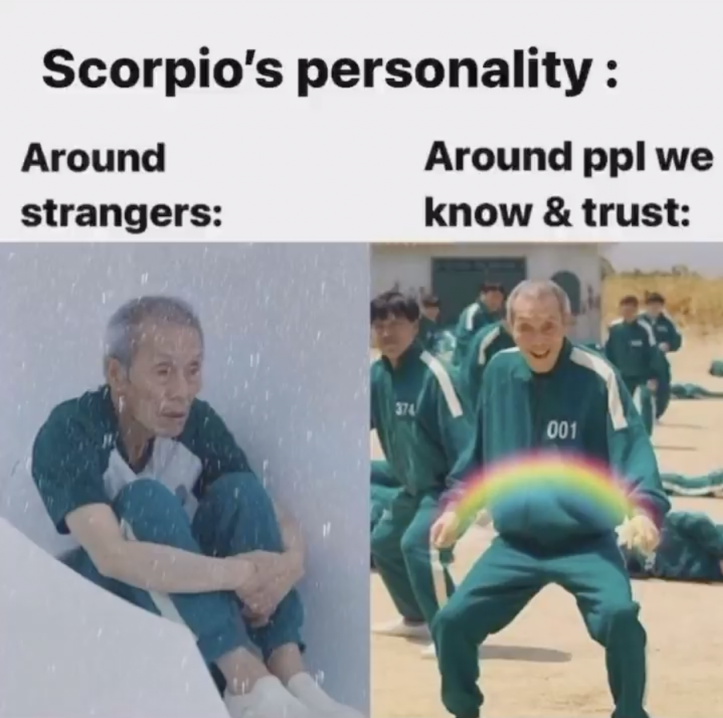 Scorpio meme: around strangers quiet but around friends fun