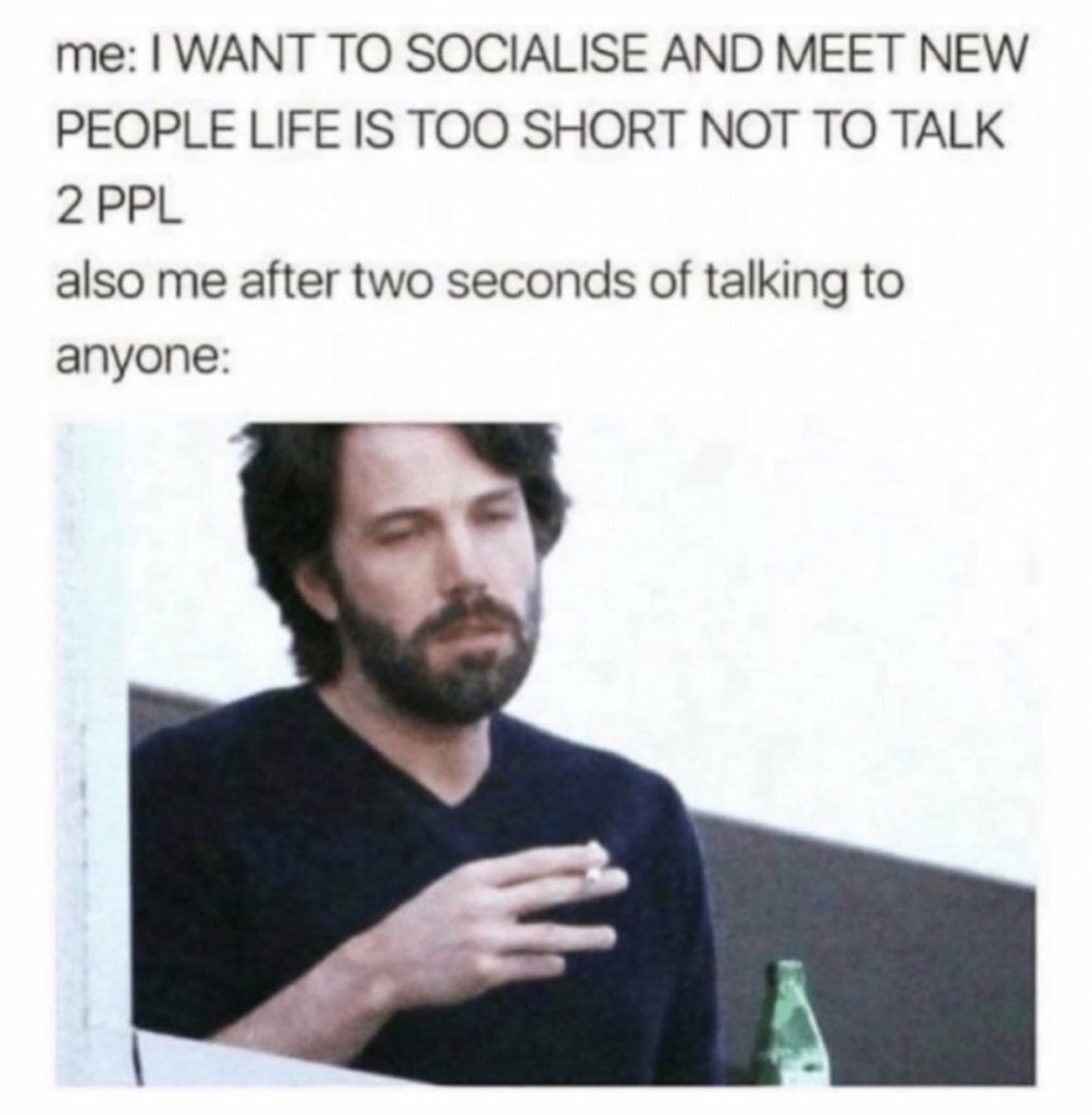 Introvert meme: i want to socialize but i hate people