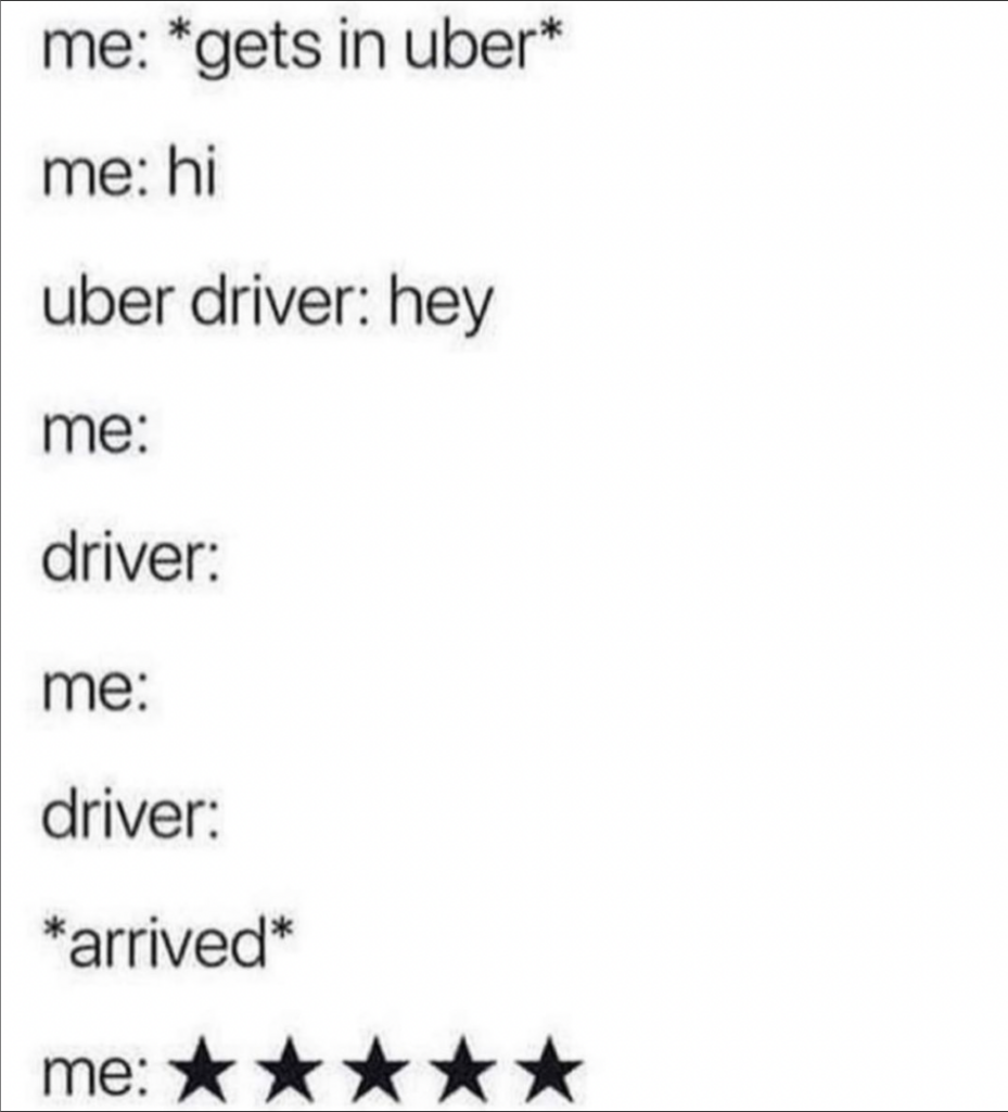 Introvert meme: silent uber taxi drive