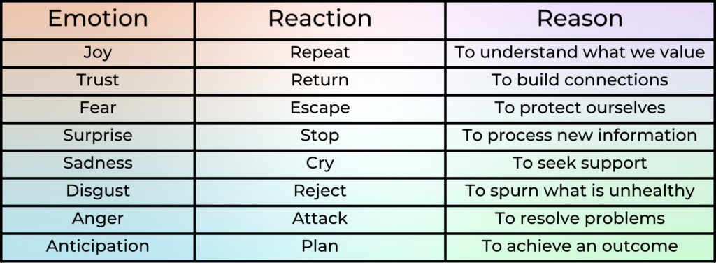 Emotion wheel summary table